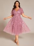 Short Sleeves Leaf Sequin A-Line Midi Formal Wedding Guest Dress – Purple Orchid