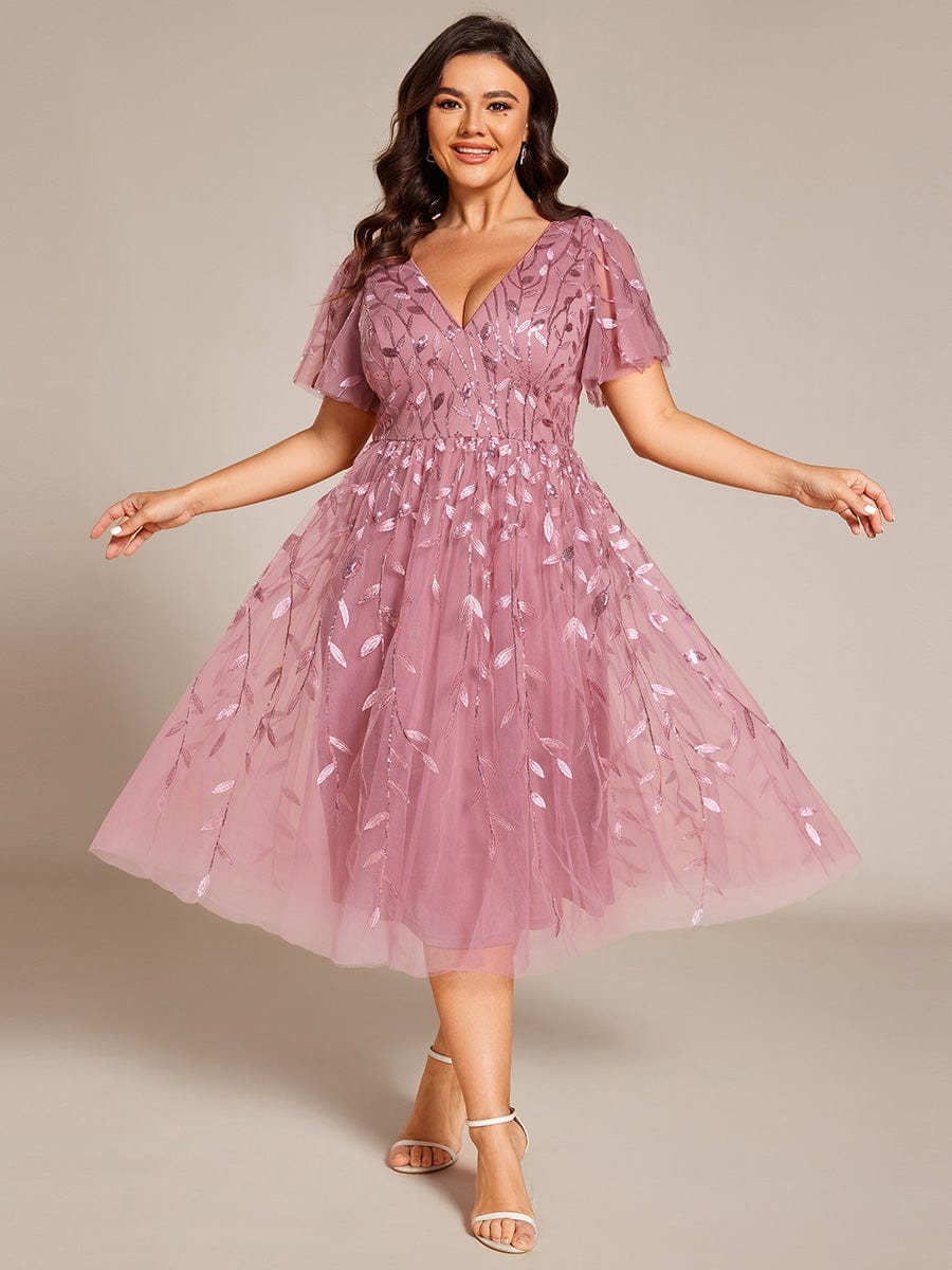 Short Sleeves Leaf Sequin A-Line Midi Formal Wedding Guest Dress - Purple Orchid Short Sleeves Leaf Sequin A-Line Midi Formal Wedding Guest Dress - Purple Orchid