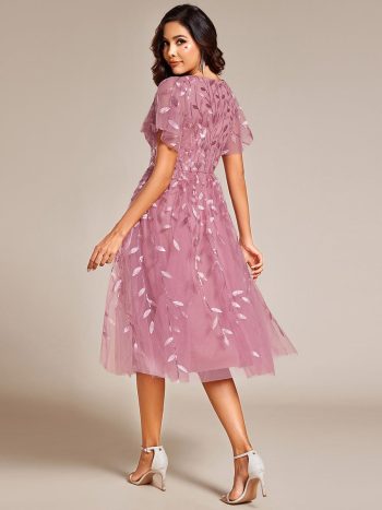 Short Sleeves Leaf Sequin A-Line Midi Formal Wedding Guest Dress - Purple Orchid