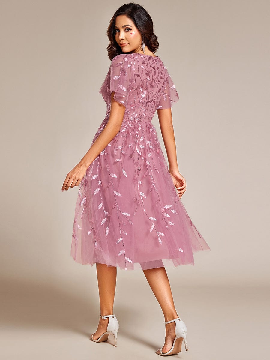 Short Sleeves Leaf Sequin A-Line Midi Formal Wedding Guest Dress - Purple Orchid Short Sleeves Leaf Sequin A-Line Midi Formal Wedding Guest Dress - Purple Orchid