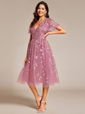 Short Sleeves Leaf Sequin A-Line Midi Formal Wedding Guest Dress - Purple Orchid