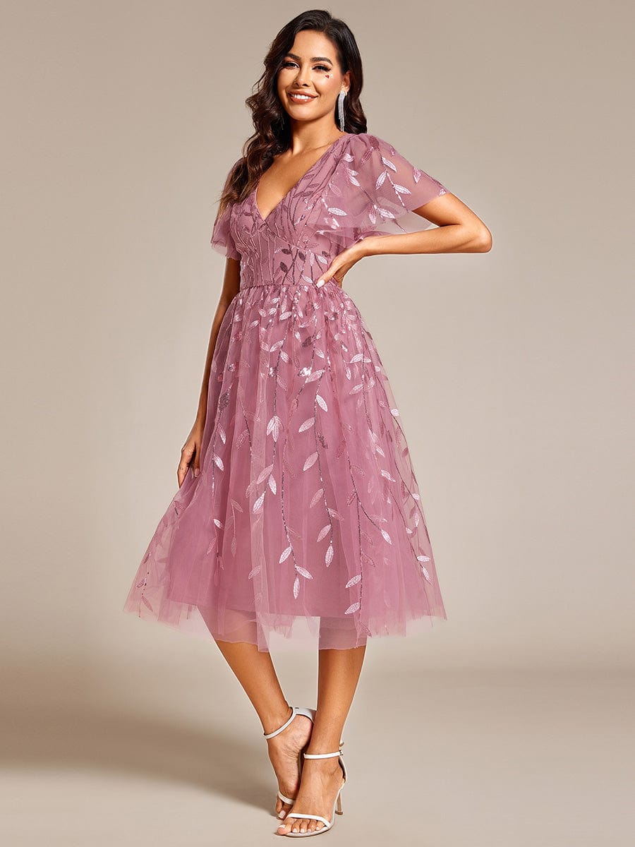 Short Sleeves Leaf Sequin A-Line Midi Formal Wedding Guest Dress - Purple Orchid Short Sleeves Leaf Sequin A-Line Midi Formal Wedding Guest Dress - Purple Orchid