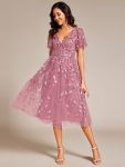 Short Sleeves Leaf Sequin A-Line Midi Formal Wedding Guest Dress – Purple Orchid