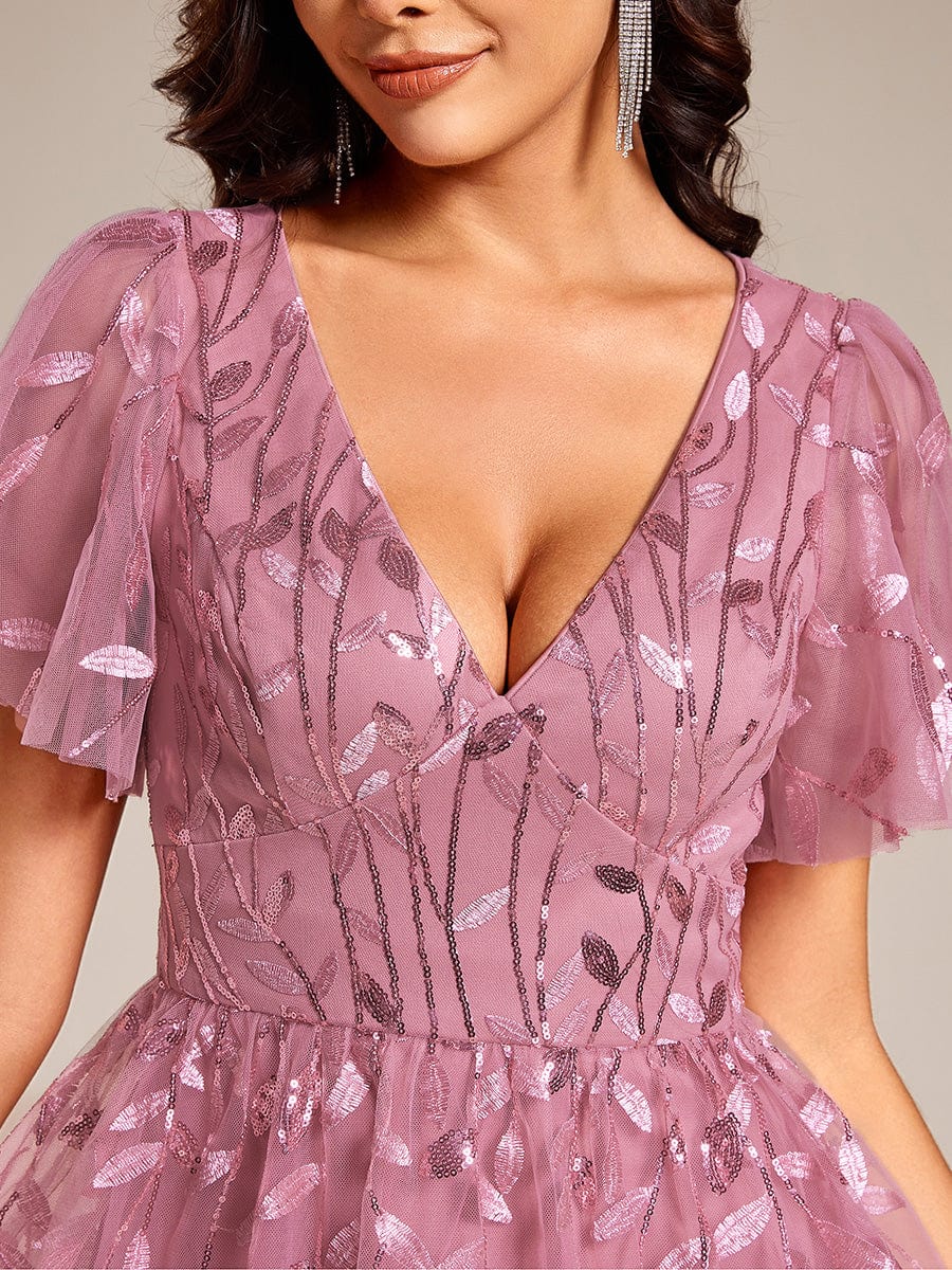 Short Sleeves Leaf Sequin A-Line Midi Formal Wedding Guest Dress - Purple Orchid Short Sleeves Leaf Sequin A-Line Midi Formal Wedding Guest Dress - Purple Orchid
