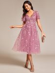 Short Sleeves Leaf Sequin A-Line Midi Formal Wedding Guest Dress – Purple Orchid