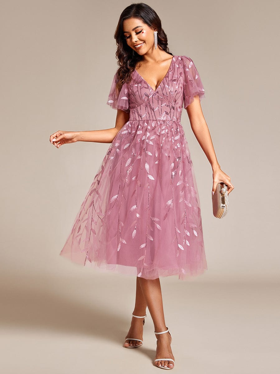 Short Sleeves Leaf Sequin A-Line Midi Formal Wedding Guest Dress - Purple Orchid Short Sleeves Leaf Sequin A-Line Midi Formal Wedding Guest Dress - Purple Orchid