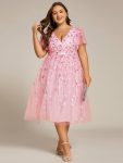 Short Sleeves Leaf Sequin A-Line Midi Formal Wedding Guest Dress – Pink