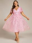 Short Sleeves Leaf Sequin A-Line Midi Formal Wedding Guest Dress – Pink
