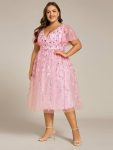 Short Sleeves Leaf Sequin A-Line Midi Formal Wedding Guest Dress – Pink