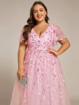 Short Sleeves Leaf Sequin A-Line Midi Formal Wedding Guest Dress – Pink