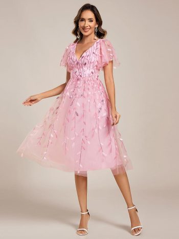 Short Sleeves Leaf Sequin A-Line Midi Formal Wedding Guest Dress - Pink
