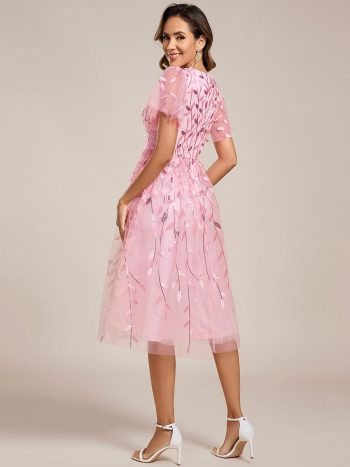 Short Sleeves Leaf Sequin A-Line Midi Formal Wedding Guest Dress - Pink