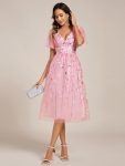 Short Sleeves Leaf Sequin A-Line Midi Formal Wedding Guest Dress – Pink