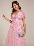 Short Sleeves Leaf Sequin A-Line Midi Formal Wedding Guest Dress – Pink