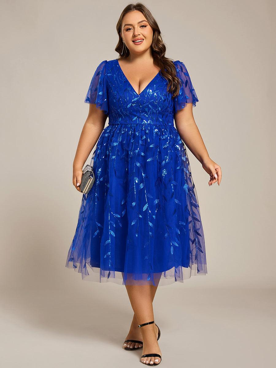 Short Sleeves Leaf Sequin A-Line Midi Formal Wedding Guest Dress - Sapphire Blue Short Sleeves Leaf Sequin A-Line Midi Formal Wedding Guest Dress - Sapphire Blue