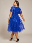Short Sleeves Leaf Sequin A-Line Midi Formal Wedding Guest Dress – Sapphire Blue