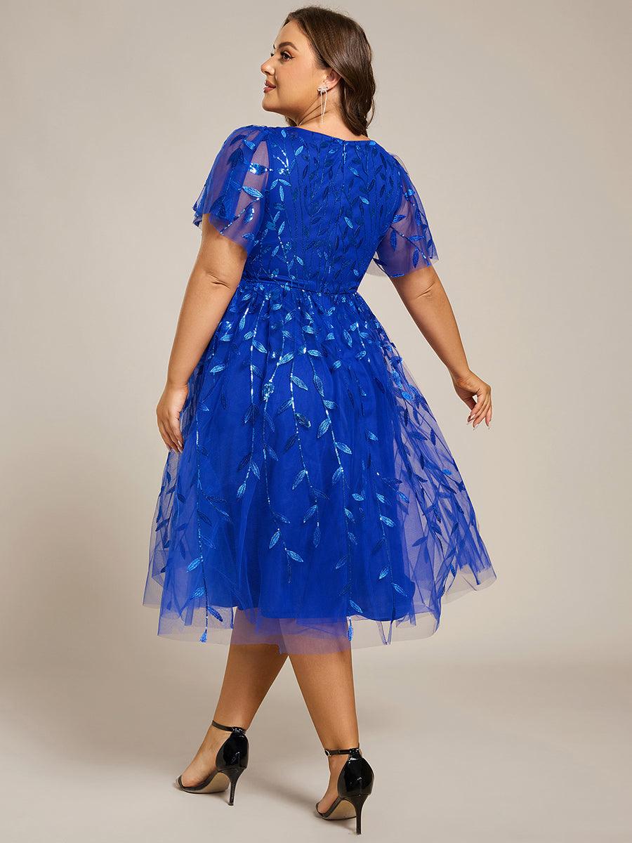 Short Sleeves Leaf Sequin A-Line Midi Formal Wedding Guest Dress - Sapphire Blue Short Sleeves Leaf Sequin A-Line Midi Formal Wedding Guest Dress - Sapphire Blue