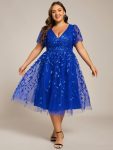 Short Sleeves Leaf Sequin A-Line Midi Formal Wedding Guest Dress – Sapphire Blue