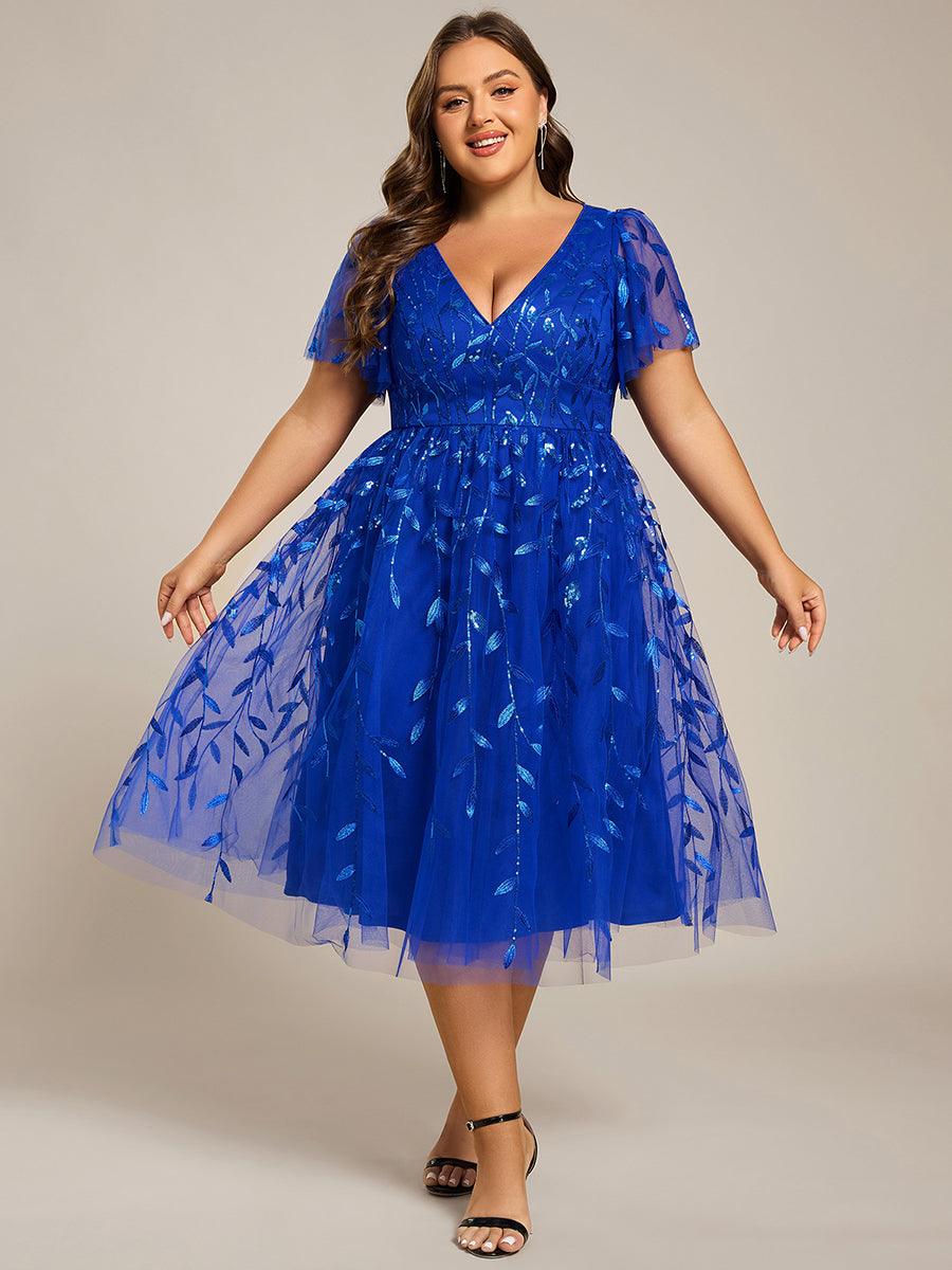 Short Sleeves Leaf Sequin A-Line Midi Formal Wedding Guest Dress - Sapphire Blue Short Sleeves Leaf Sequin A-Line Midi Formal Wedding Guest Dress - Sapphire Blue