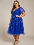 Short Sleeves Leaf Sequin A-Line Midi Formal Wedding Guest Dress – Sapphire Blue