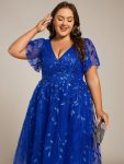 Short Sleeves Leaf Sequin A-Line Midi Formal Wedding Guest Dress – Sapphire Blue