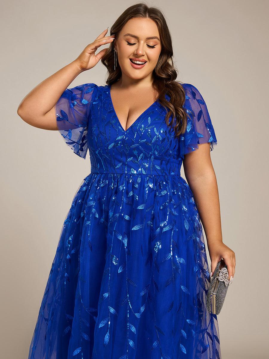 Short Sleeves Leaf Sequin A-Line Midi Formal Wedding Guest Dress - Sapphire Blue Short Sleeves Leaf Sequin A-Line Midi Formal Wedding Guest Dress - Sapphire Blue
