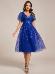Short Sleeves Leaf Sequin A-Line Midi Formal Wedding Guest Dress – Sapphire Blue