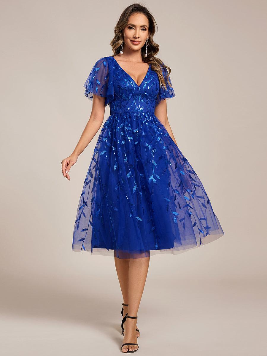 Short Sleeves Leaf Sequin A-Line Midi Formal Wedding Guest Dress - Sapphire Blue Short Sleeves Leaf Sequin A-Line Midi Formal Wedding Guest Dress - Sapphire Blue