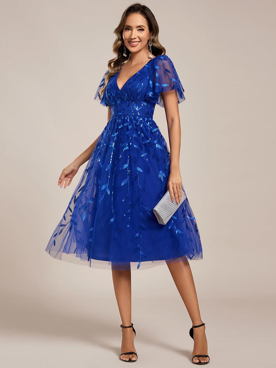Short Sleeves Leaf Sequin A-Line Midi Formal Wedding Guest Dress - Sapphire Blue Short Sleeves Leaf Sequin A-Line Midi Formal Wedding Guest Dress - Sapphire Blue