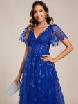 Short Sleeves Leaf Sequin A-Line Midi Formal Wedding Guest Dress – Sapphire Blue
