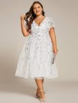 Short Sleeves Leaf Sequin A-Line Midi Formal Wedding Guest Dress – White