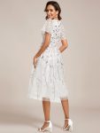 Short Sleeves Leaf Sequin A-Line Midi Formal Wedding Guest Dress – White