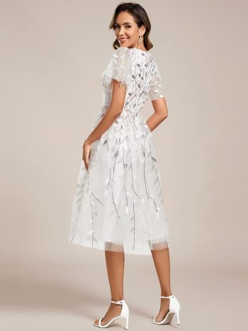 Short Sleeves Leaf Sequin A-Line Midi Formal Wedding Guest Dress - White