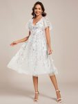 Short Sleeves Leaf Sequin A-Line Midi Formal Wedding Guest Dress - White