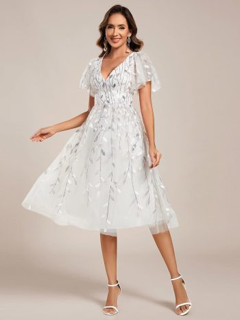 Short Sleeves Leaf Sequin A-Line Midi Formal Wedding Guest Dress - White