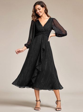 Glitter Twist Knot See-Through Long Sleeve Wedding Guest Dress - Black