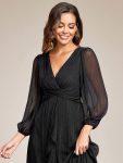 Glitter Twist Knot See-Through Long Sleeve Wedding Guest Dress – Black