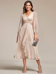 Glitter Twist Knot See-Through Long Sleeve Wedding Guest Dress – Champagne