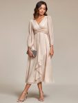 Glitter Twist Knot See-Through Long Sleeve Wedding Guest Dress – Champagne