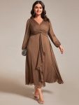 Glitter Twist Knot See-Through Long Sleeve Wedding Guest Dress – Brown