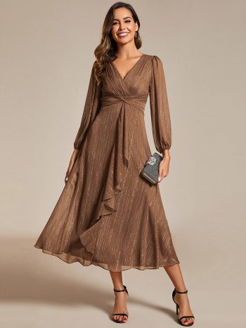 Glitter Twist Knot See-Through Long Sleeve Wedding Guest Dress - Brown