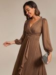 Glitter Twist Knot See-Through Long Sleeve Wedding Guest Dress – Brown